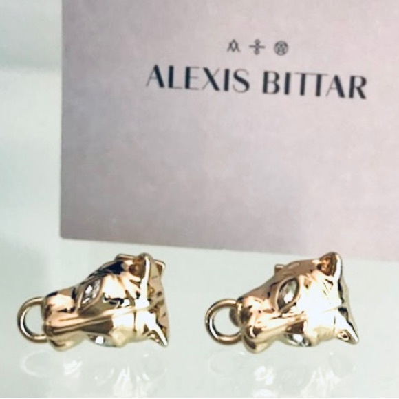 ALEXIS BITTAR • Gold Panther Head Crystal Eyed Post Stud Ring Earrings - Picture 11 of 12